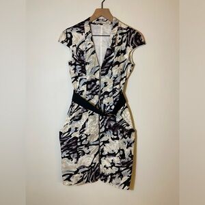 Karen Millen Size US 4 Geometric Print Cotton Front Zip Belted Casual Dress